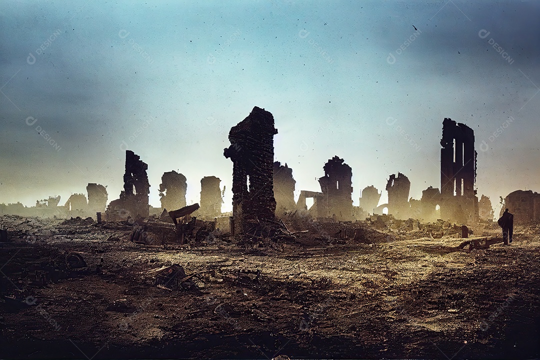 Ruínas de uma cidade totalmente destruída durante a Terceira Guerra Mundial Nuclear, fundo nebuloso do céu
