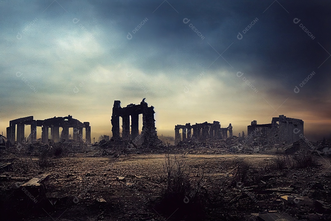 Ruínas de uma cidade totalmente destruída durante a Terceira Guerra Mundial Nuclear, fundo nebuloso do céu