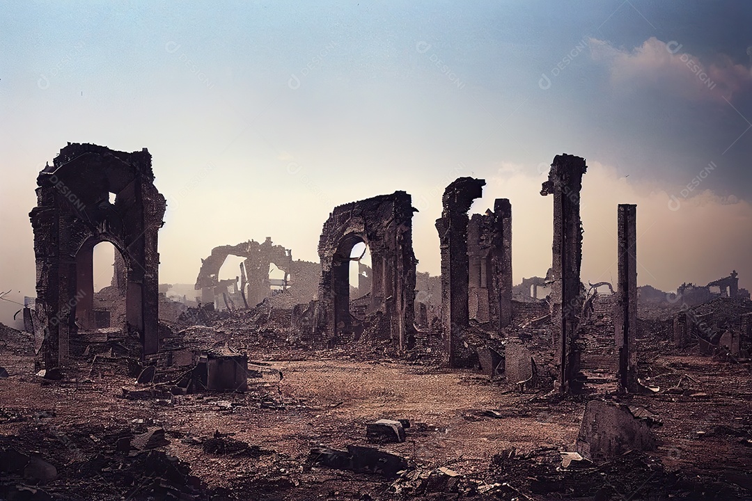 Ruínas de uma cidade totalmente destruída durante a Terceira Guerra Mundial Nuclear, fundo nebuloso do céu