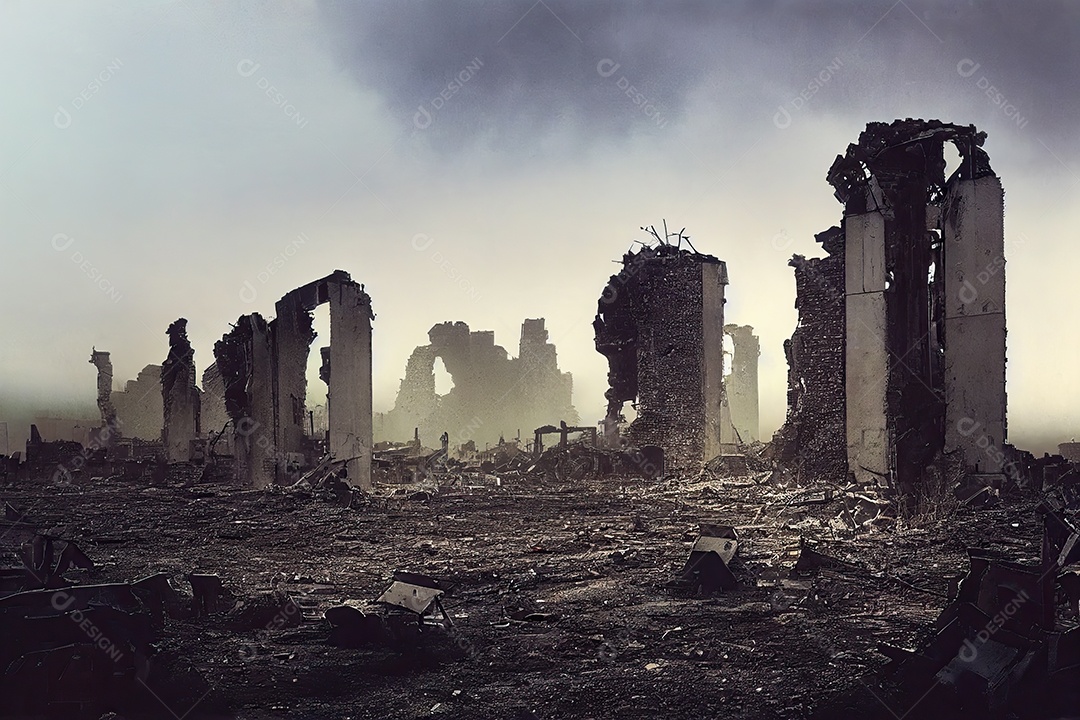 Ruínas de uma cidade totalmente destruída durante a Terceira Guerra Mundial Nuclear, fundo nebuloso do céu