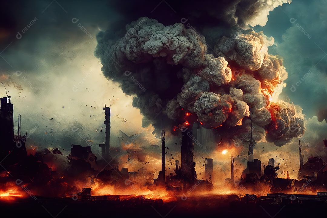 Conceito de terceira guerra mundial nuclear destruindo cidades, continentes, países, explosão no planeta Terra