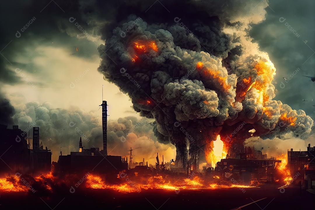 Conceito de terceira guerra mundial nuclear destruindo cidades, continentes, países, explosão no planeta Terra