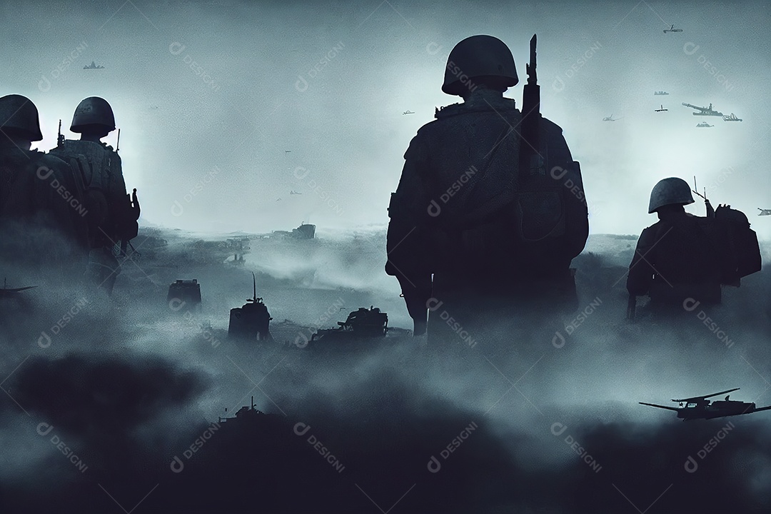 Silhuetas de militares em ruínas durante a Terceira Guerra Mundial Nuclear contra um fundo de céu nublado