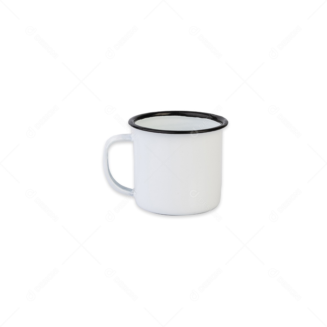 Xícara de café de metal branco isolada sobre fundo branco.