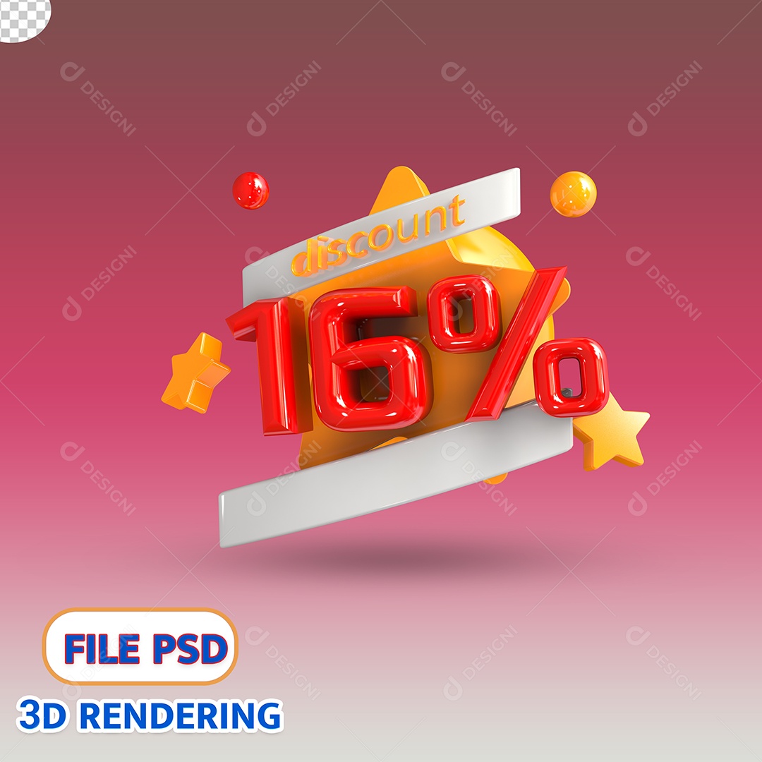 Selo 3D 16% de Descontos Estrela Dourada PSD