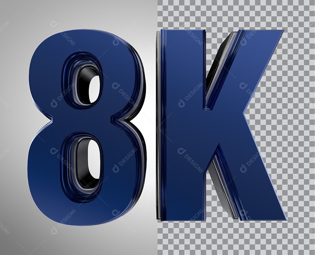 Número 3D 8K de Seguidores Elemento Azul Para Composição PNG Transparente