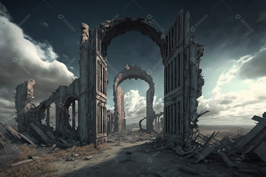 Ruínas de uma cidade totalmente destruída durante a Terceira Guerra Mundial Nuclear, fundo nebuloso do céu