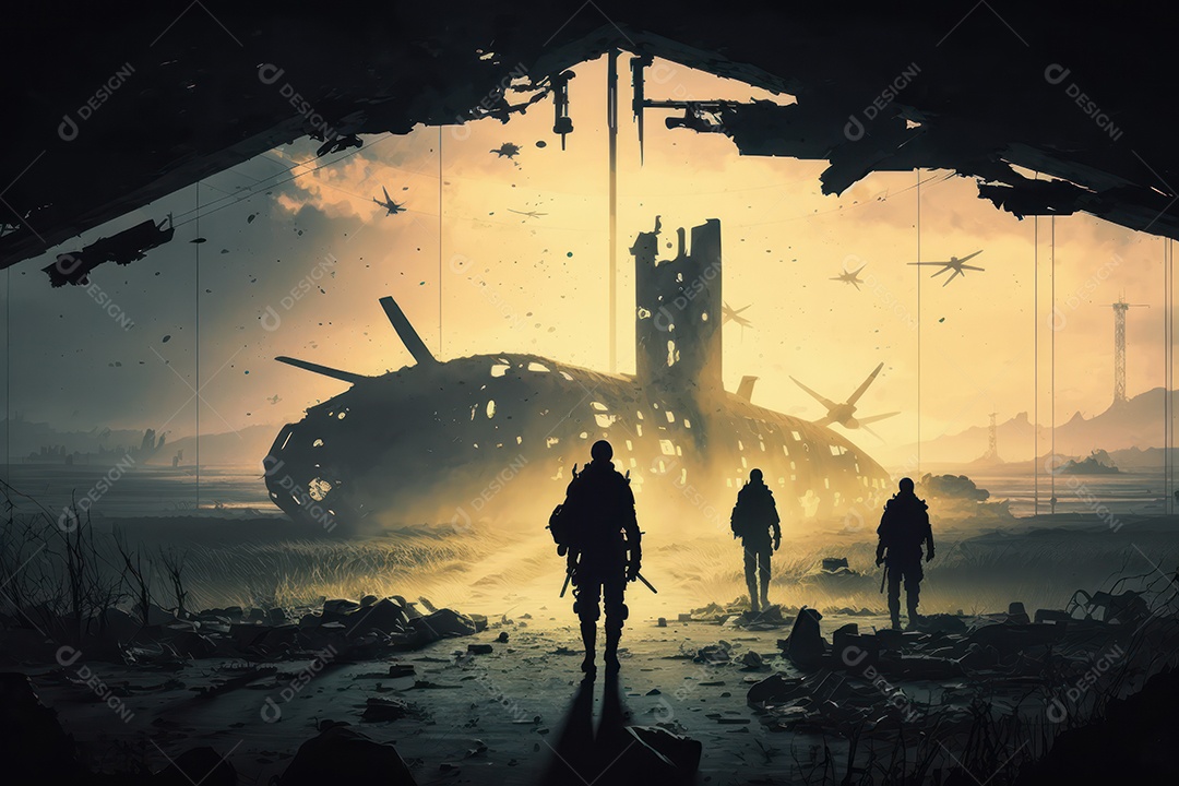 Ruínas de uma cidade totalmente destruída durante a Terceira Guerra Mundial Nuclear, fundo nebuloso do céu