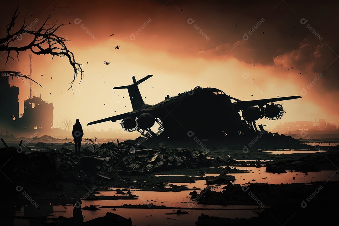 Ruínas de uma cidade totalmente destruída durante a Terceira Guerra Mundial Nuclear, fundo nebuloso do céu