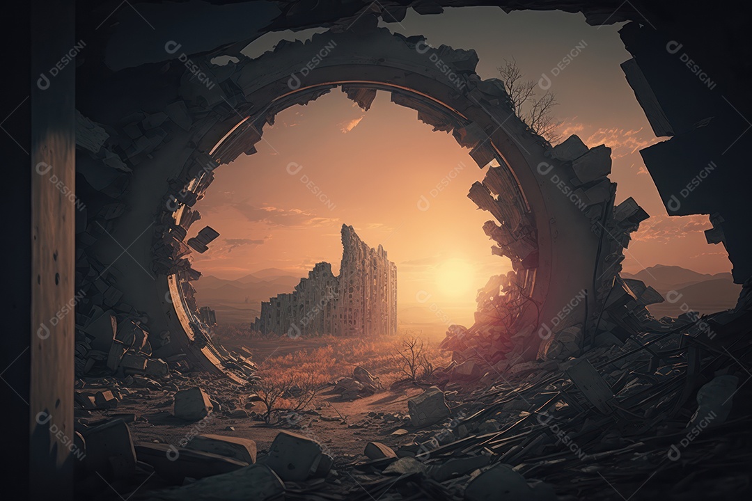 Ruínas de uma cidade totalmente destruída durante a Terceira Guerra Mundial Nuclear, fundo nebuloso do céu