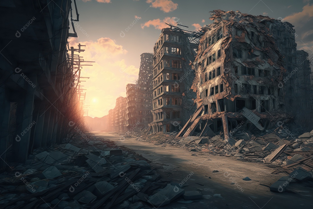 Ruínas de uma cidade totalmente destruída durante a Terceira Guerra Mundial Nuclear, fundo nebuloso do céu