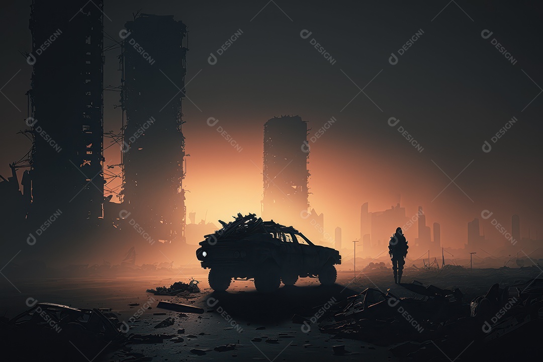 Ruínas de uma cidade totalmente destruída durante a Terceira Guerra Mundial Nuclear, fundo nebuloso do céu