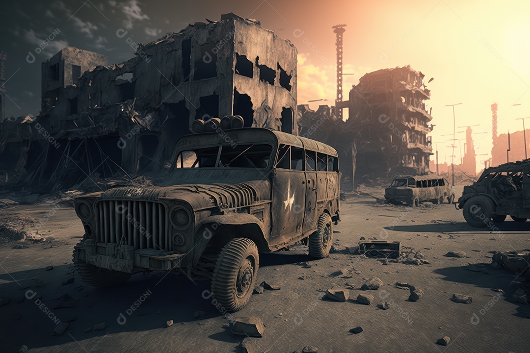 Ruínas de uma cidade totalmente destruída durante a Terceira Guerra Mundial Nuclear, fundo nebuloso do céu