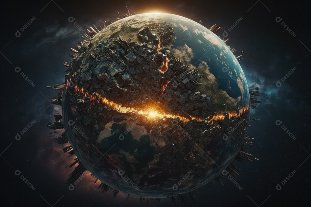 Conceito de terceira guerra mundial nuclear destruindo cidades, continentes, países, fim do mundo e explosão no planeta Terra