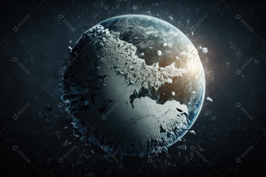 Conceito de terceira guerra mundial nuclear destruindo cidades, continentes, países, fim do mundo e explosão no planeta Terra