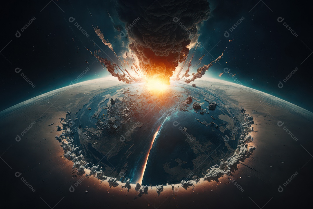 Conceito de terceira guerra mundial nuclear destruindo cidades, continentes, países, fim do mundo e explosão no planeta Terra