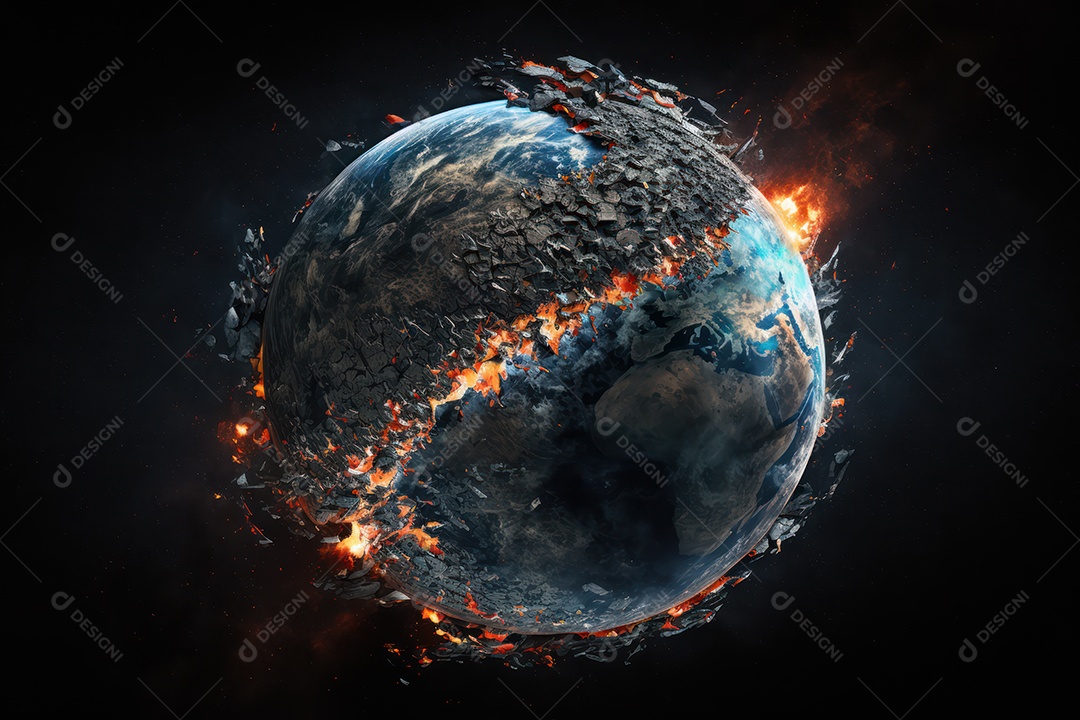 Conceito de terceira guerra mundial nuclear destruindo cidades, continentes, países, fim do mundo e explosão no planeta Terra