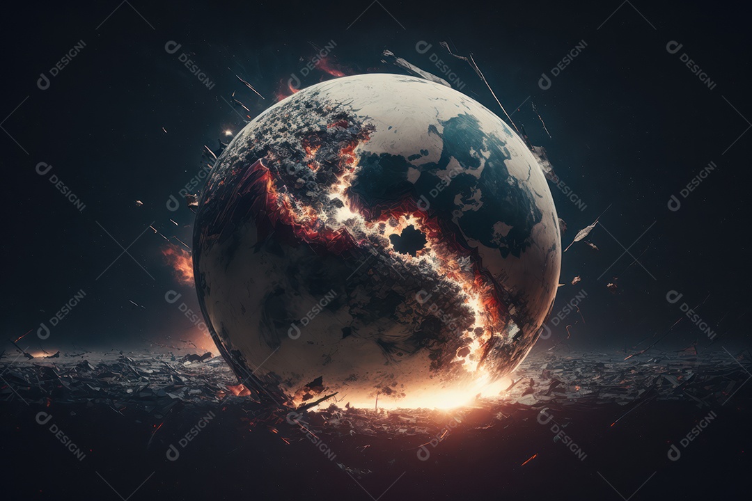 Conceito de terceira guerra mundial nuclear destruindo cidades, continentes, países, fim do mundo e explosão no planeta Terra