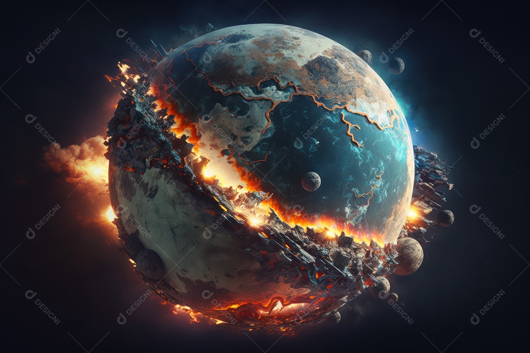 Conceito de terceira guerra mundial nuclear destruindo cidades, continentes, países, fim do mundo e explosão no planeta Terra