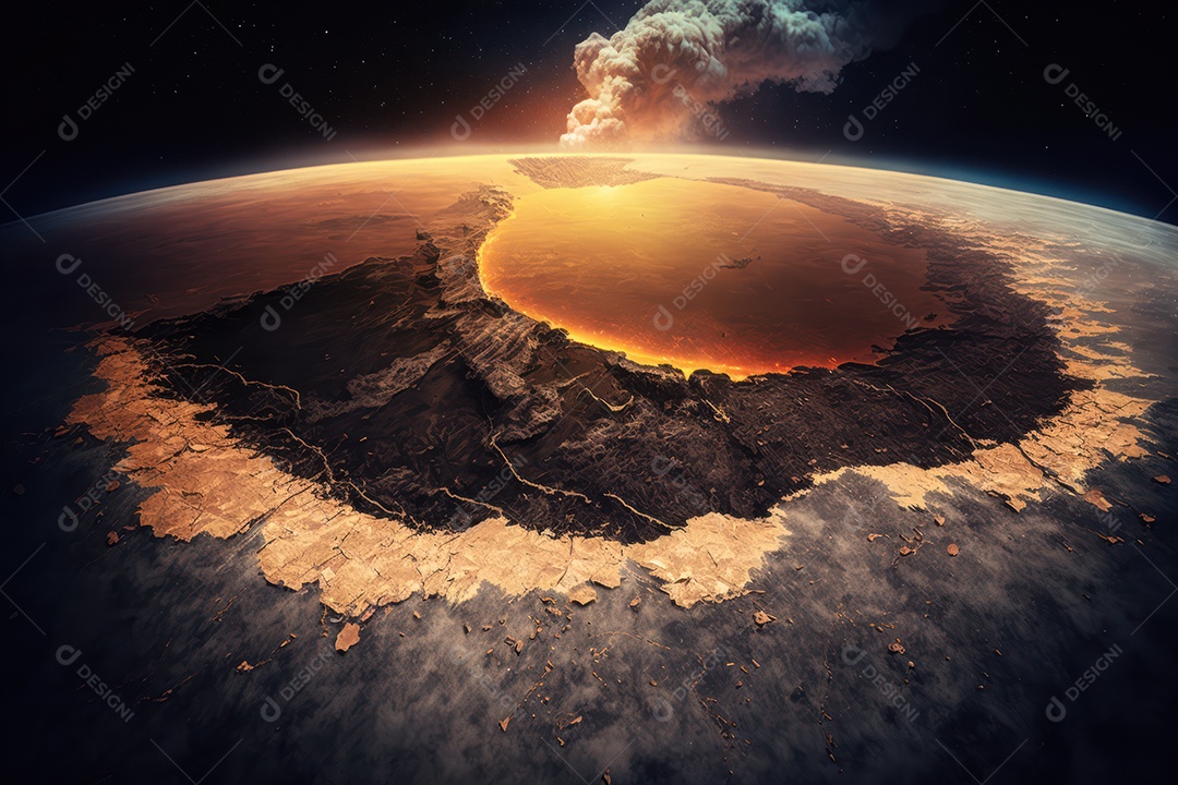 Conceito de terceira guerra mundial nuclear destruindo cidades, continentes, países, fim do mundo e explosão no planeta Terra