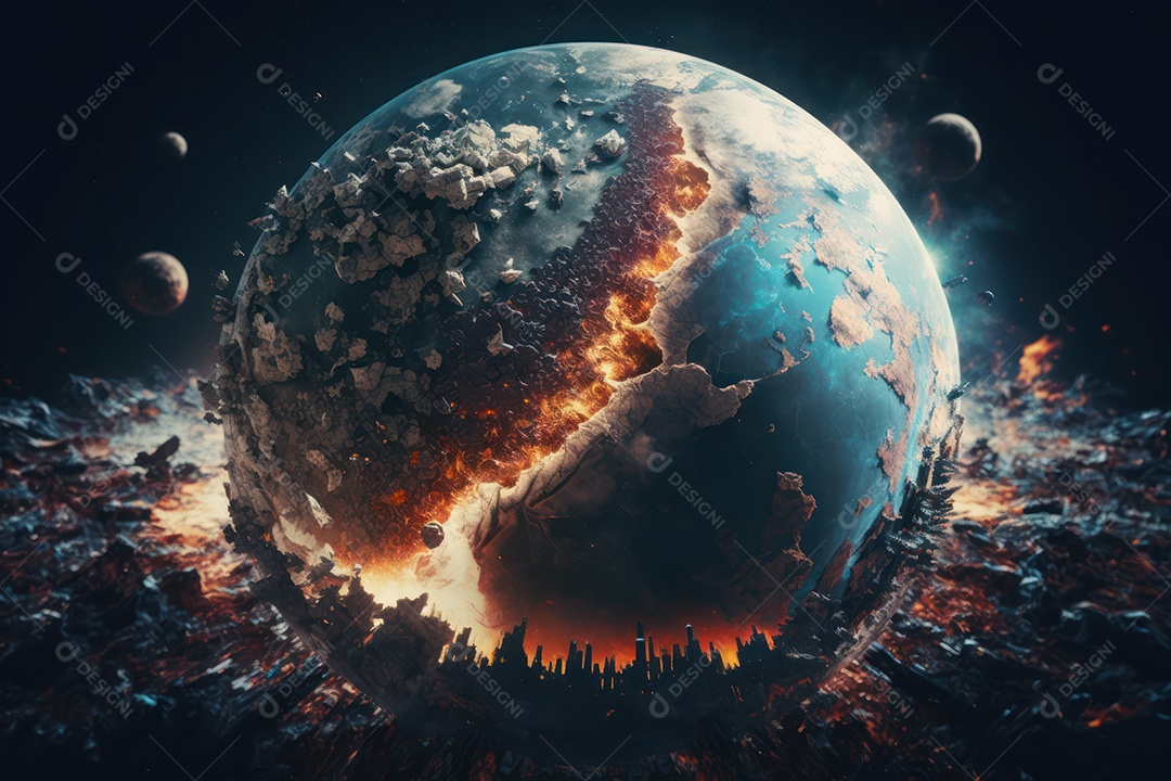 Conceito de terceira guerra mundial nuclear destruindo cidades, continentes, países, fim do mundo e explosão no planeta Terra