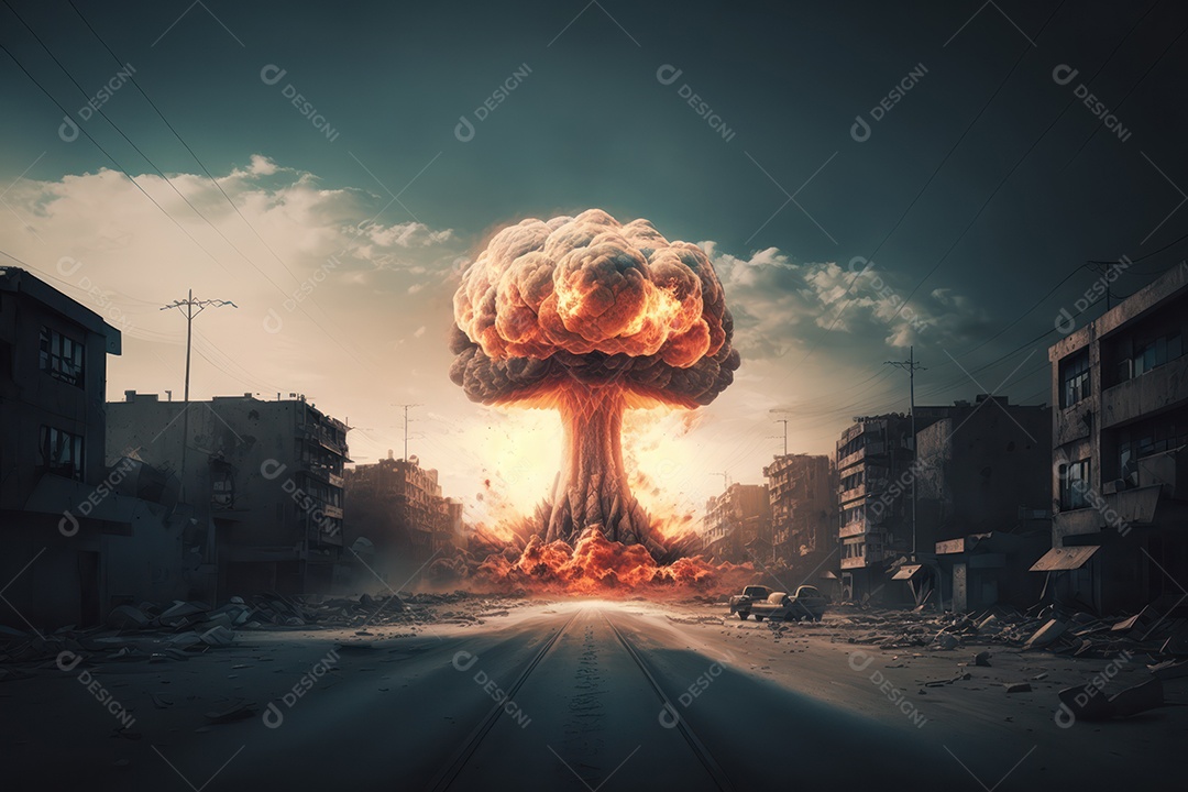 Conceito de terceira guerra mundial com bombas gigantes nucleares e armas químicas destruindo países, continentes e terra