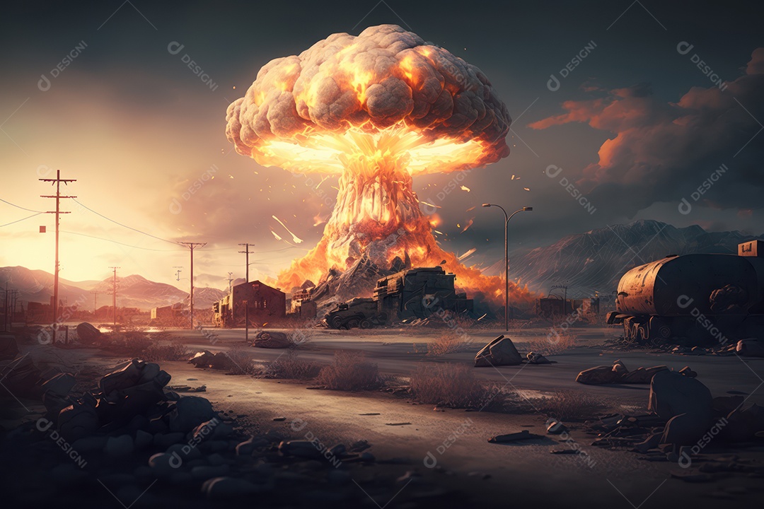 Conceito de terceira guerra mundial com bombas gigantes nucleares e armas químicas destruindo países, continentes e terra