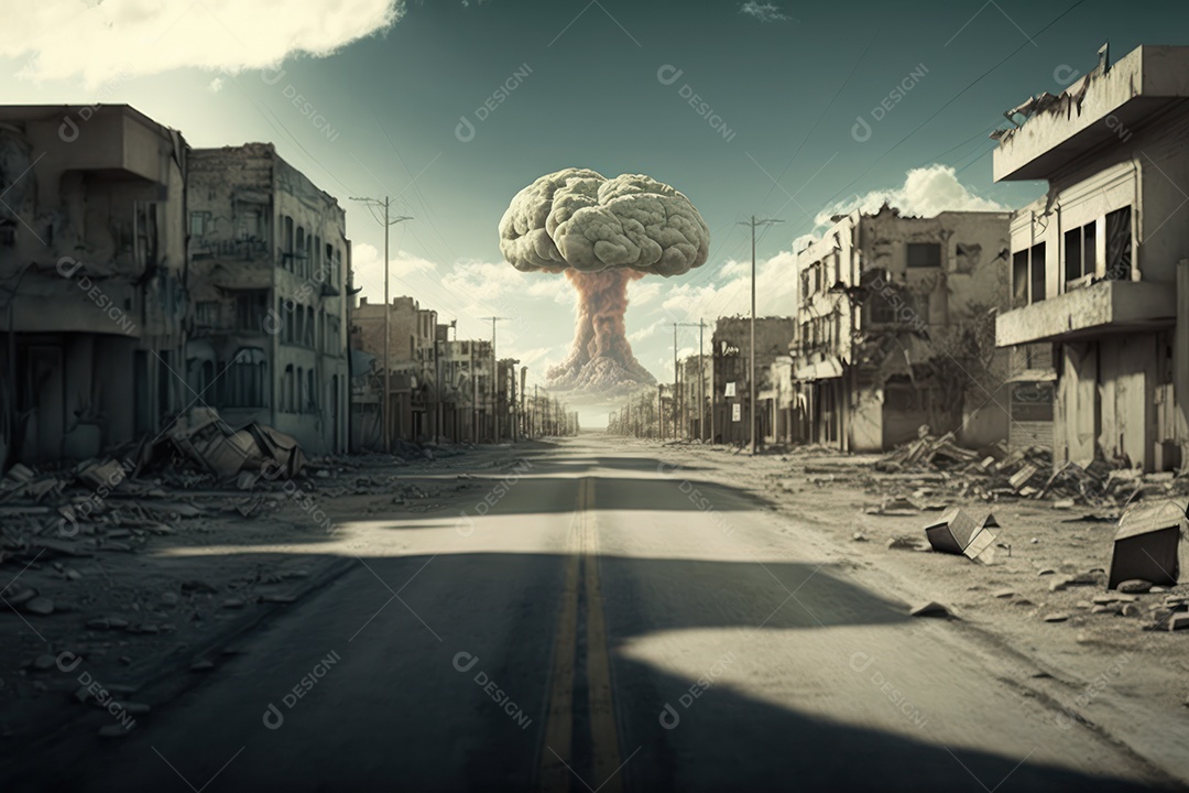 Conceito de terceira guerra mundial com bombas gigantes nucleares e armas químicas destruindo países, continentes e terra