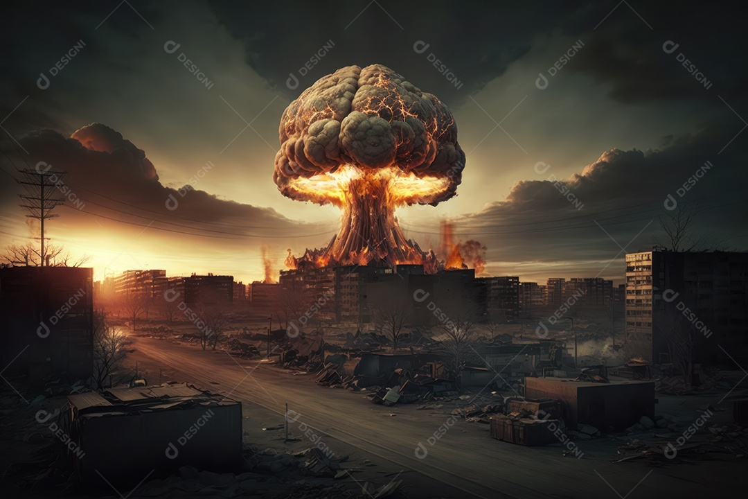 Conceito de terceira guerra mundial com bombas gigantes nucleares e armas químicas destruindo países, continentes e terra