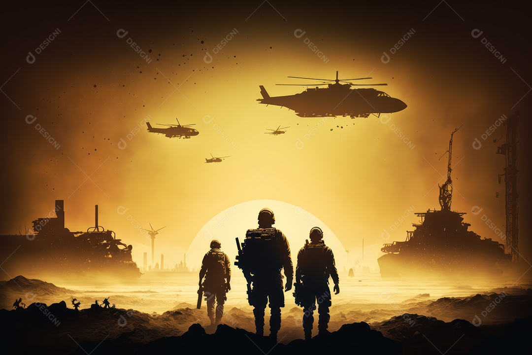 Silhuetas de militares em ruínas durante a Terceira Guerra Mundial Nuclear contra um fundo de céu nublado