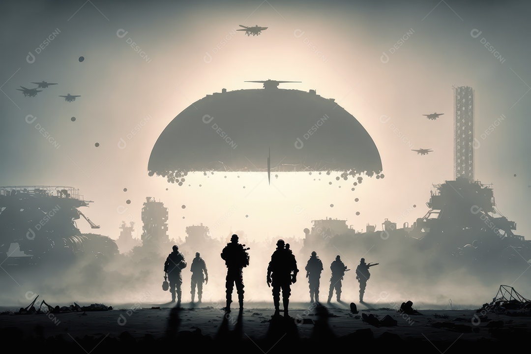 Silhuetas de militares em ruínas durante a Terceira Guerra Mundial Nuclear contra um fundo de céu nublado