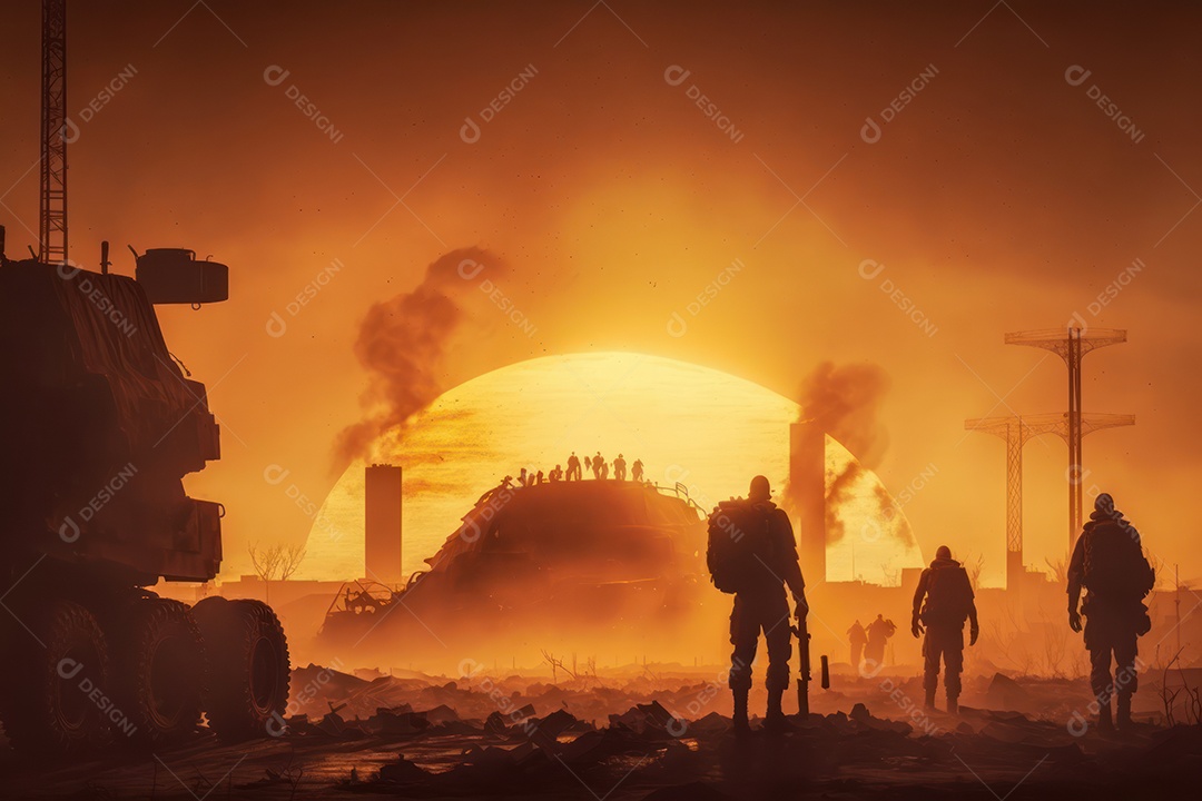 Silhuetas de militares em ruínas durante a Terceira Guerra Mundial Nuclear contra um fundo de céu nublado