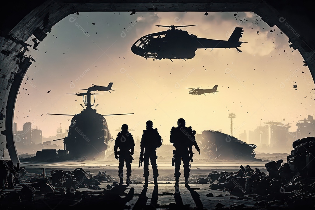 Silhuetas de militares em ruínas durante a Terceira Guerra Mundial Nuclear contra um fundo de céu nublado