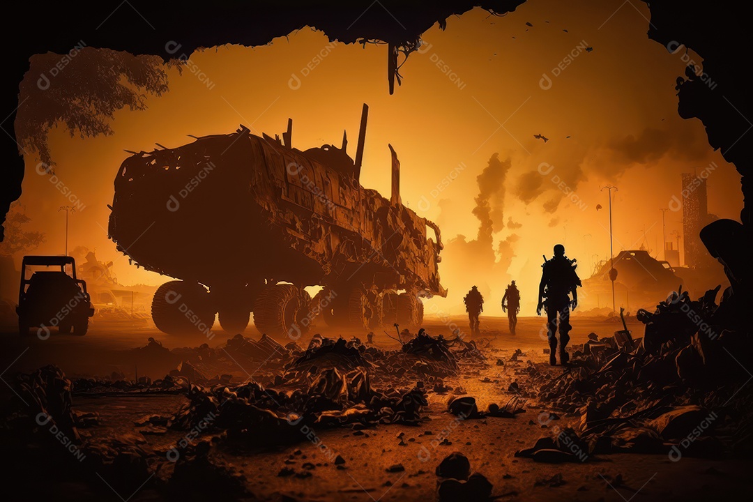 Silhuetas de militares em ruínas durante a Terceira Guerra Mundial Nuclear contra um fundo de céu nublado