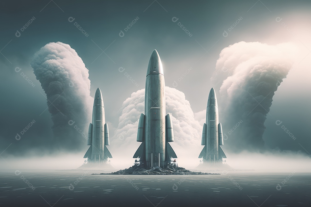 Conceito da terceira guerra mundial com mísseis e ogivas prontos para lançar em ataque ou defesa nuclear e arma química