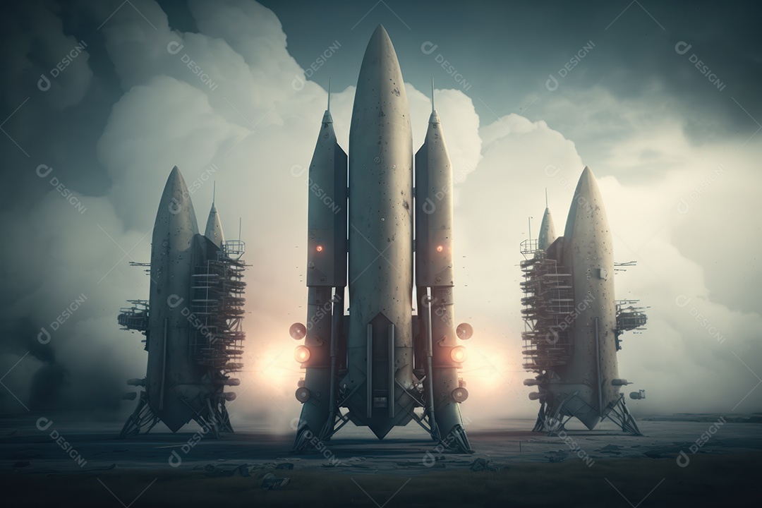 Conceito da terceira guerra mundial com mísseis e ogivas prontos para lançar em ataque ou defesa nuclear e arma química