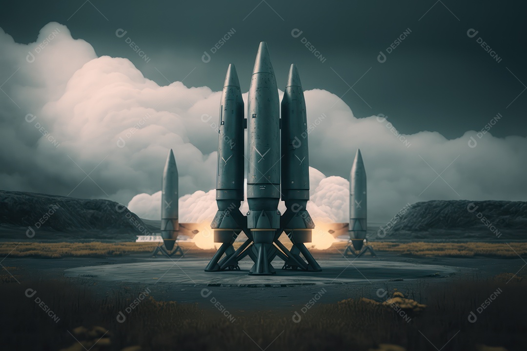 Conceito da terceira guerra mundial com mísseis e ogivas prontos para lançar em ataque ou defesa nuclear e arma química