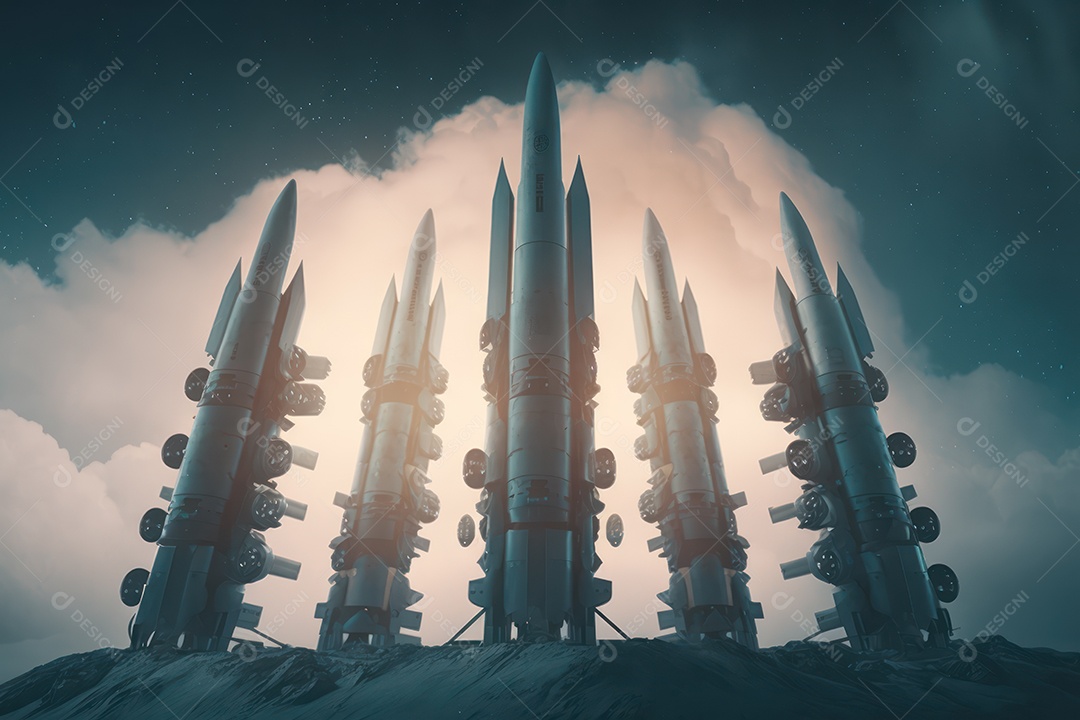 Conceito da terceira guerra mundial com mísseis e ogivas prontos para lançar em ataque ou defesa nuclear e arma química