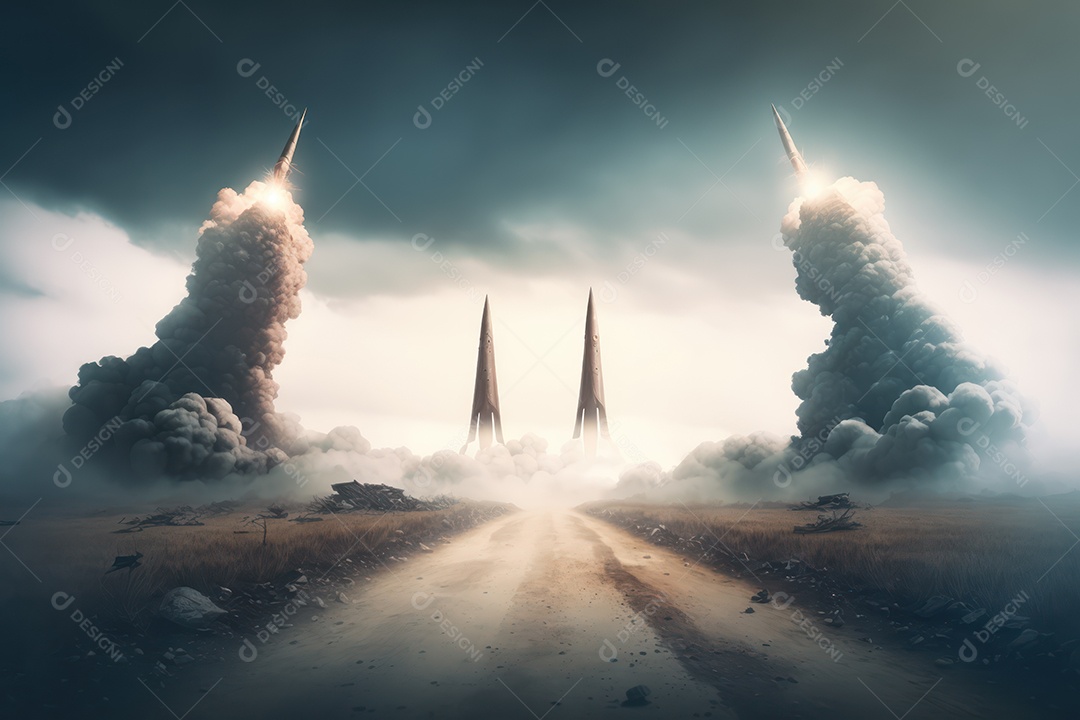Conceito da terceira guerra mundial com mísseis e ogivas prontos para lançar em ataque ou defesa nuclear e arma química