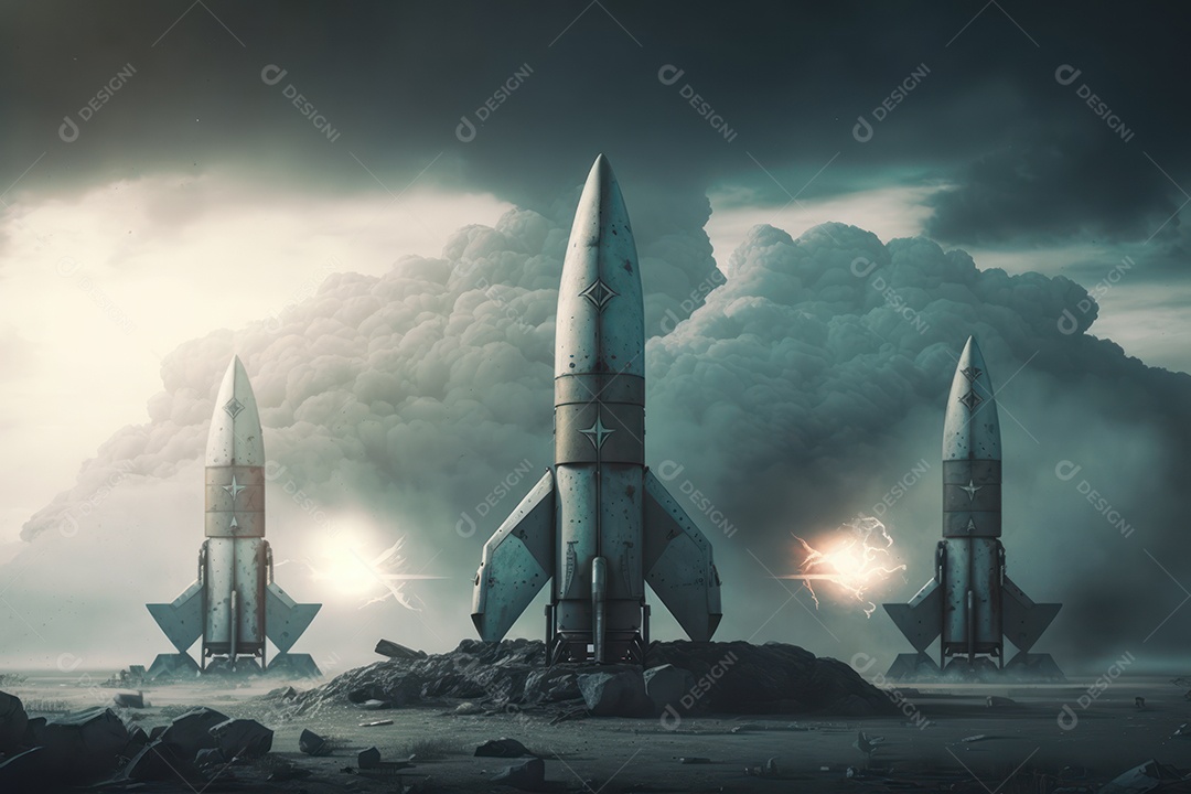 Conceito da terceira guerra mundial com mísseis e ogivas prontos para lançar em ataque ou defesa nuclear e arma química