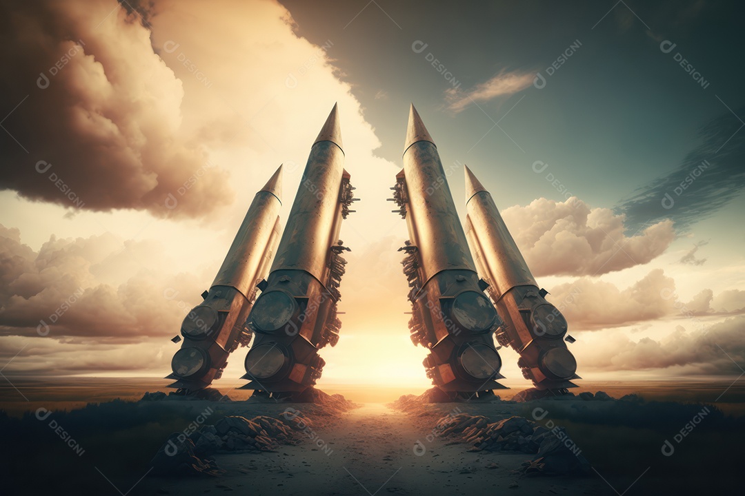 Conceito da terceira guerra mundial com mísseis e ogivas prontos para lançar em ataque ou defesa nuclear e arma química