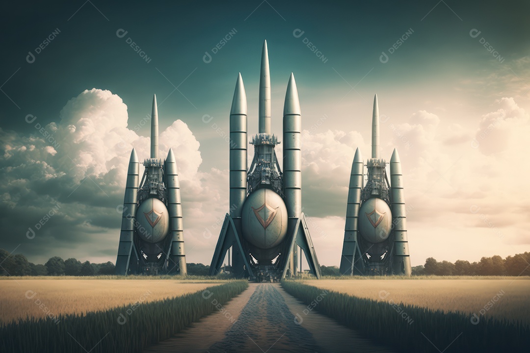 Conceito da terceira guerra mundial com mísseis e ogivas prontos para lançar em ataque ou defesa nuclear e arma química