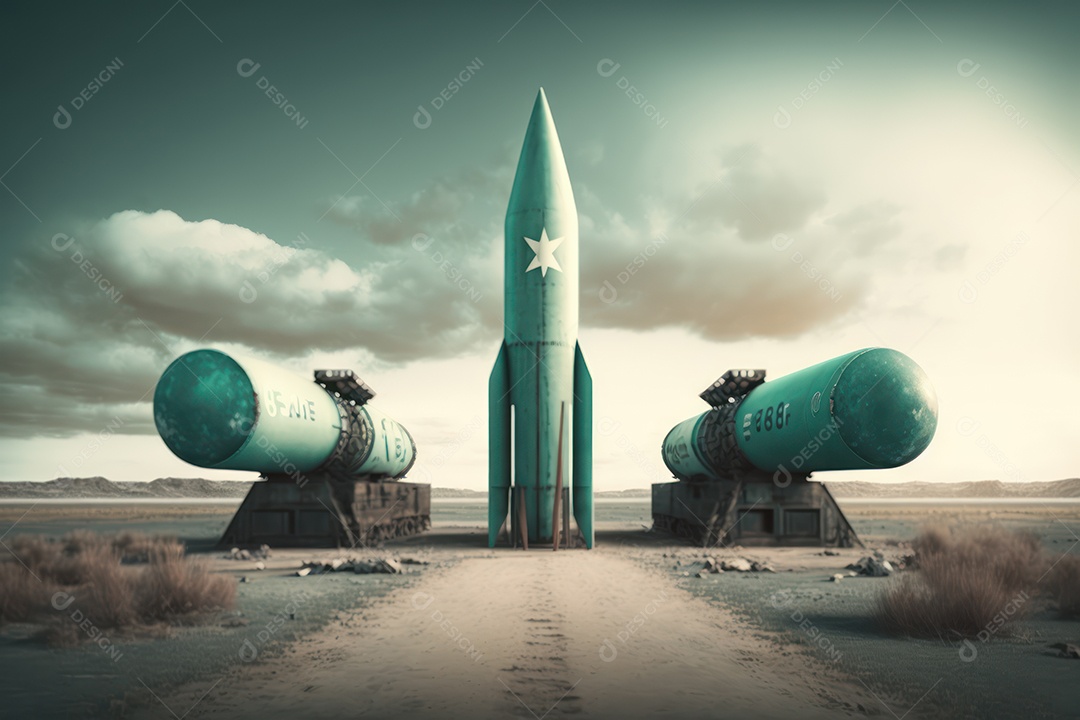 Conceito da terceira guerra mundial com mísseis e ogivas prontos para lançar em ataque ou defesa nuclear e arma química