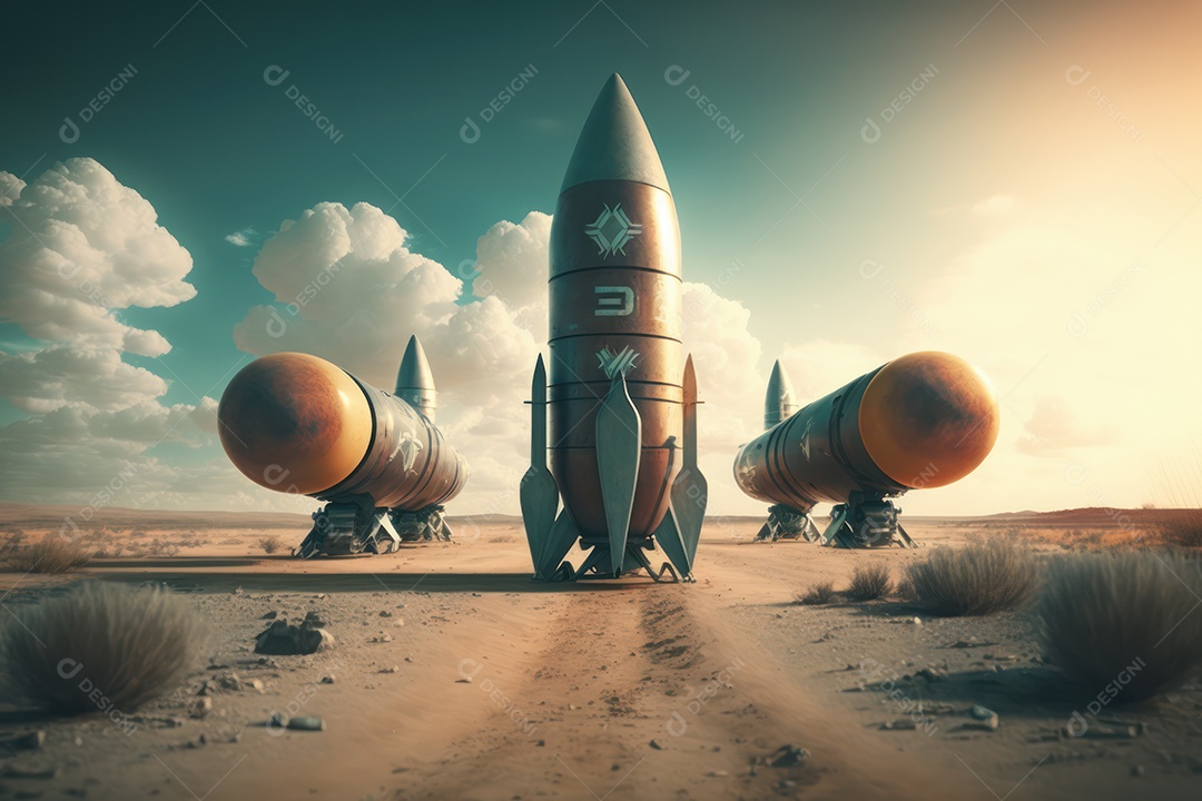 Conceito da terceira guerra mundial com mísseis e ogivas prontos para lançar em ataque ou defesa nuclear e arma química