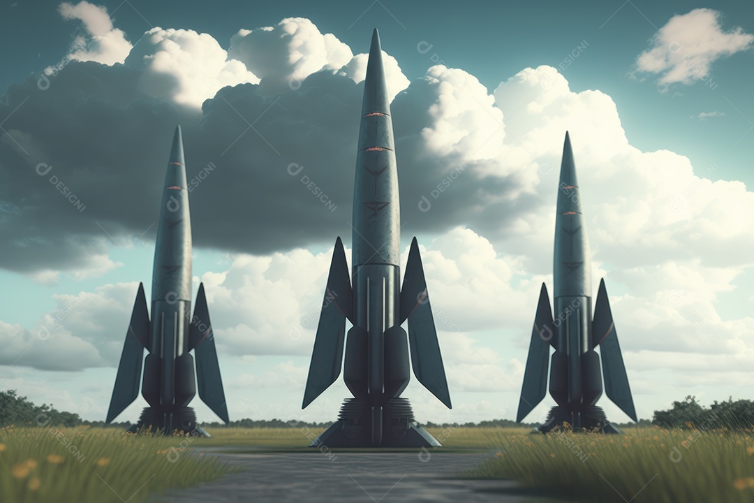 Conceito da terceira guerra mundial com mísseis e ogivas prontos para lançar em ataque ou defesa nuclear e arma química