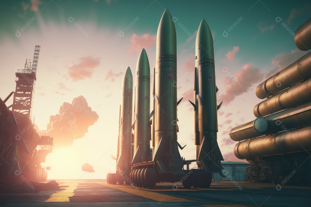 Conceito da terceira guerra mundial com mísseis e ogivas prontos para lançar em ataque ou defesa nuclear e arma química