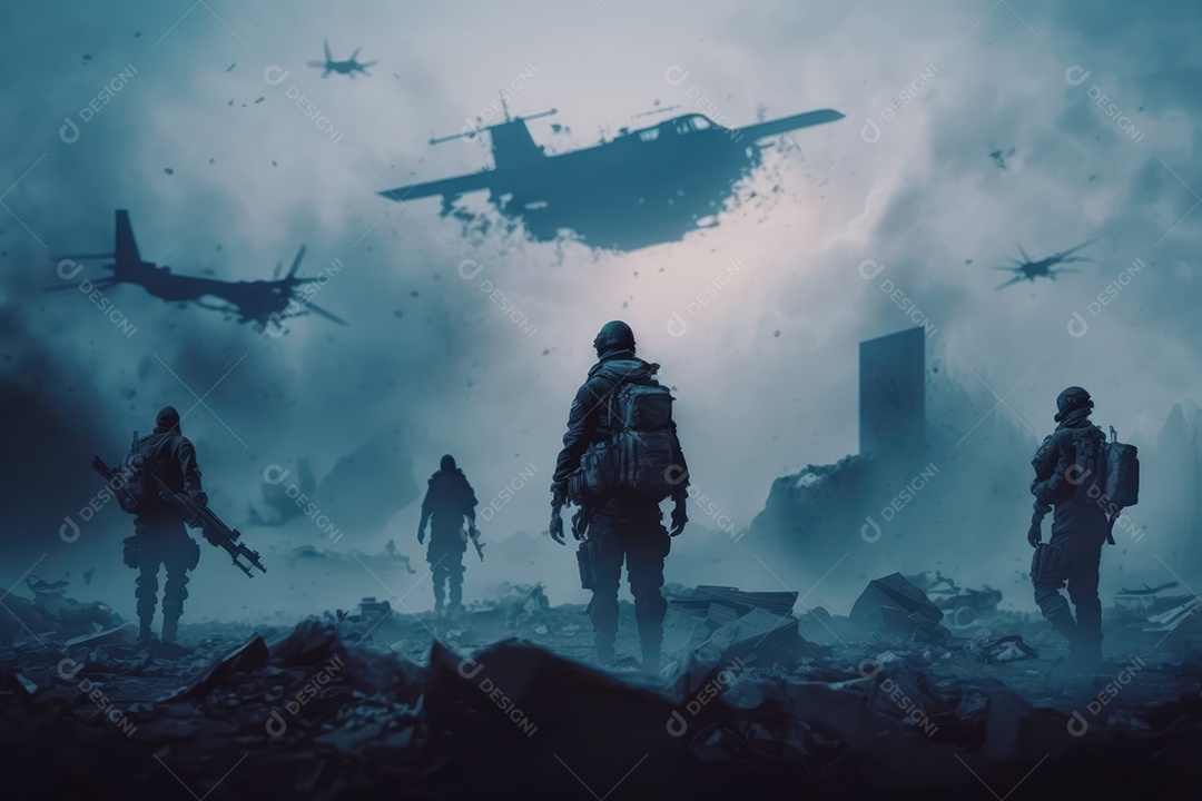 Ruínas de uma cidade totalmente destruída durante a Terceira Guerra Mundial Nuclear, fundo nebuloso do céu