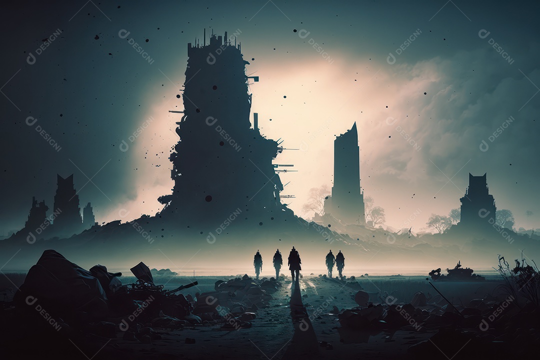 Ruínas de uma cidade totalmente destruída durante a Terceira Guerra Mundial Nuclear, fundo nebuloso do céu