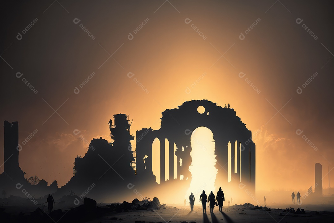 Ruínas de uma cidade totalmente destruída durante a Terceira Guerra Mundial Nuclear, fundo nebuloso do céu