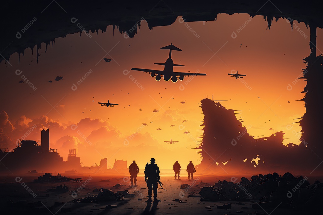 Ruínas de uma cidade totalmente destruída durante a Terceira Guerra Mundial Nuclear, fundo nebuloso do céu